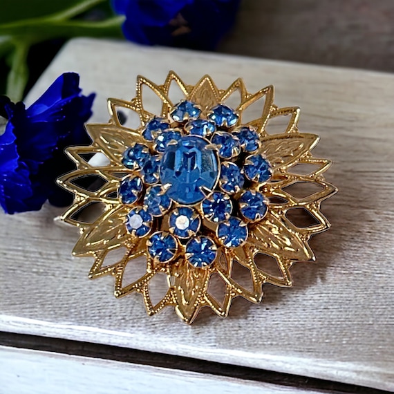Vintage Sparkling Blue Rhinestones Filigree Flora… - image 1