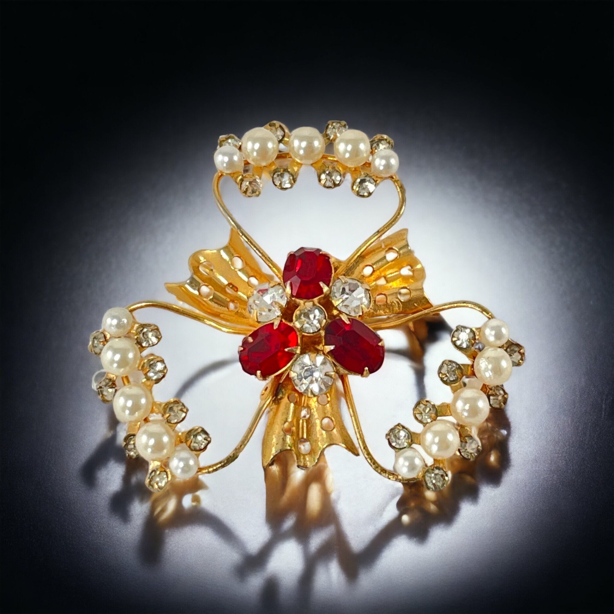 Gold Plated Floral Brooch Pendant With Swarovski Crystals & Simulated Pearls - View #6
