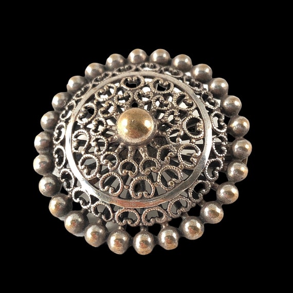 Vintage French Silver Plated Filigree Round Brooch - image 6