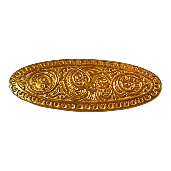Vintage French Engraved Gold Plated Oval Brooch - image 9