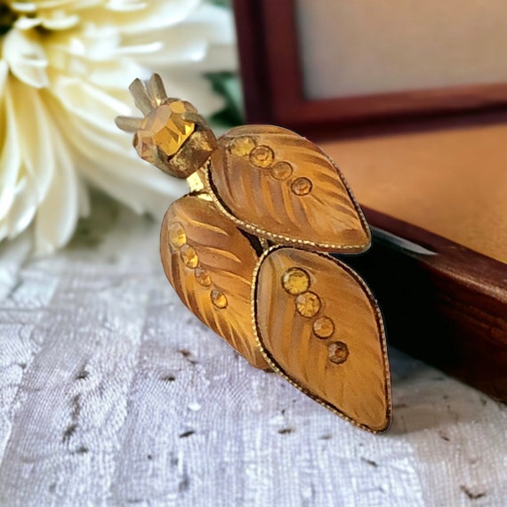 Vintage Frosted Amber Glass Leaves Brooch - 1940s… - image 6