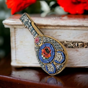 Vintage Italian Micromosaic Mandolin Floral Brooch