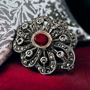 Exquisite Vintage Portuguese Garnet, Rose Gold & Marcasite Brooch - 1980s