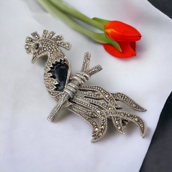 Vintage Marcasite & Jet Sterling Silver Bird of P… - image 8