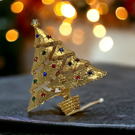 Vintage Gold Tone Christmas Tree Brooch 1980s, Mu… - image 6