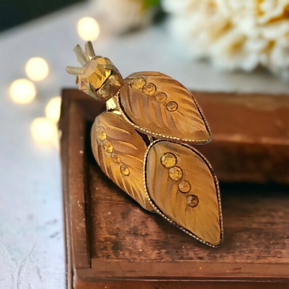 Vintage Frosted Amber Glass Leaves Brooch - 1940s… - image 7