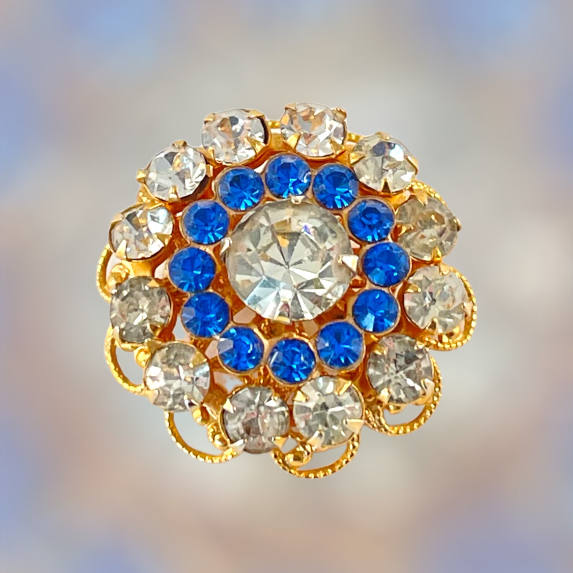 Vintage Sparkly Bright Blue Rhinestones Gold Tone Triangle Brooch