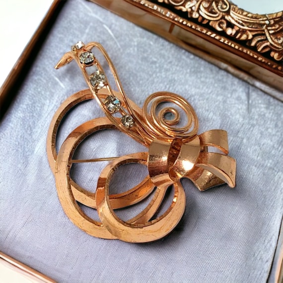 Vintage French Rose Gold Floral Brooch: 1930s Art Deco Rhinestone Spray