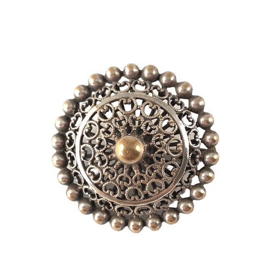 Vintage French Silver Plated Filigree Round Brooch - image 9