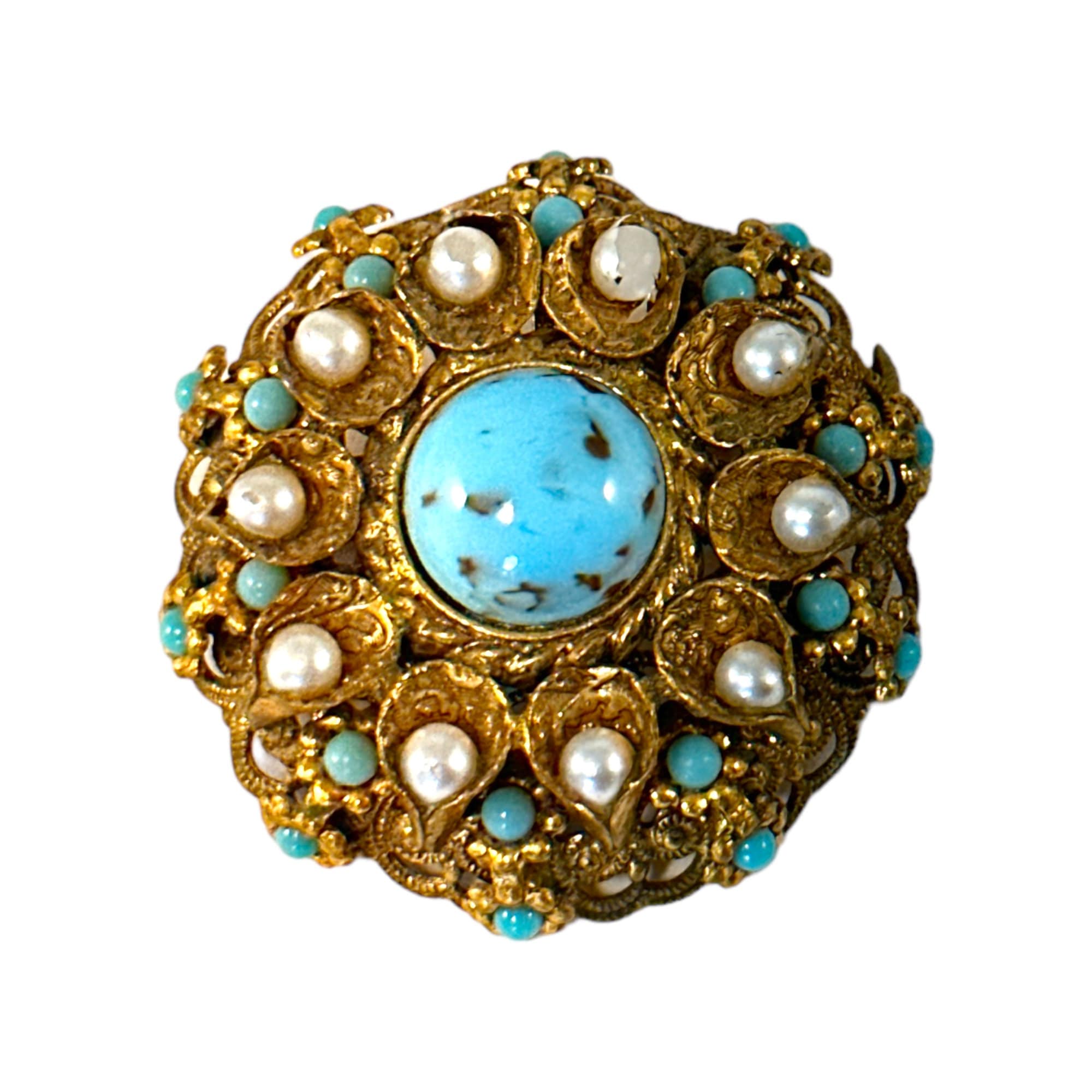 Vintage Czech Turquoise Glass & Faux Pearls Brass Filigree