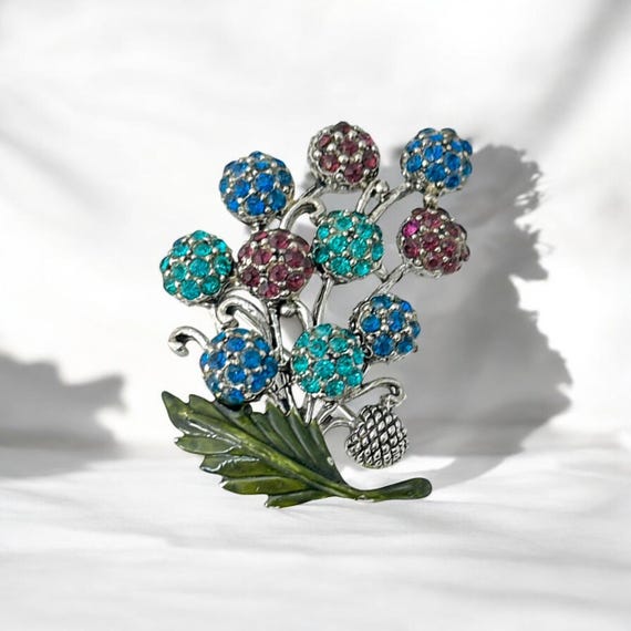Vintage Hollycraft Rhinestone Enamel Berries Brooch 1950s/60s
