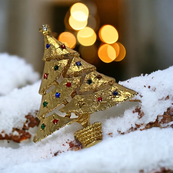 Vintage Gold Tone Christmas Tree Brooch 1980s, Mu… - image 8