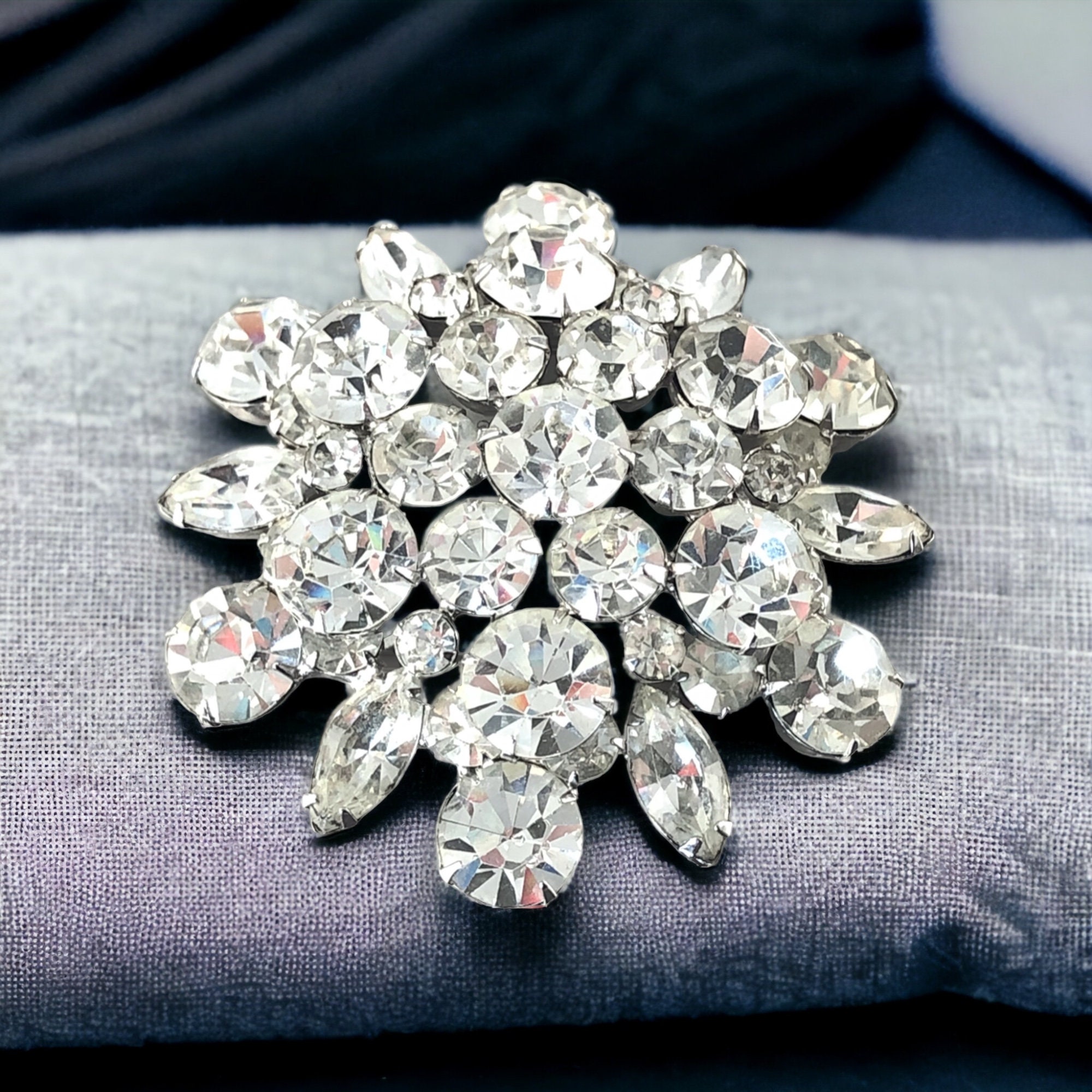 Vintage Weiss Style Large Floral Round Brooch, Clear Rhinestones ...