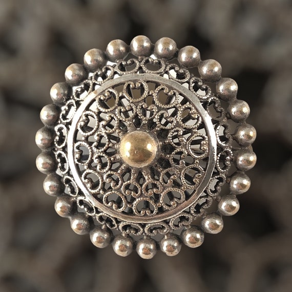 Vintage French Silver Plated Filigree Round Brooch - image 7