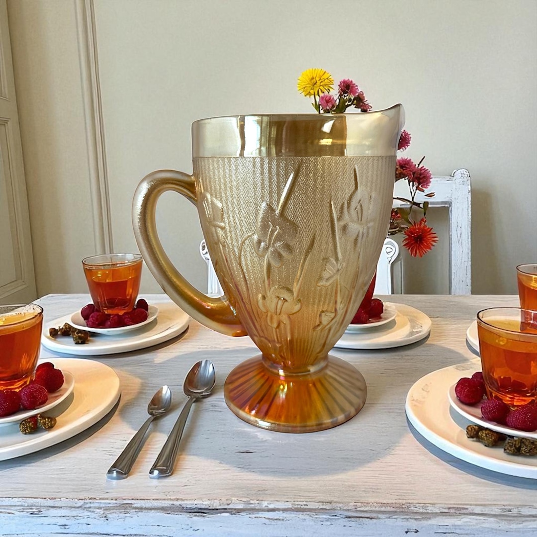 Vintage Jeannette Marigold Carnival Glass Pitcher – Irises