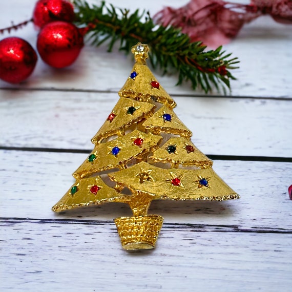 Vintage Gold Tone Christmas Tree Brooch 1980s, Mu… - image 1
