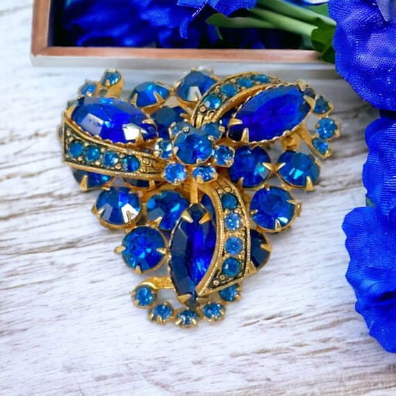 Vintage Sparkly Bright Blue Rhinestones and Gold T