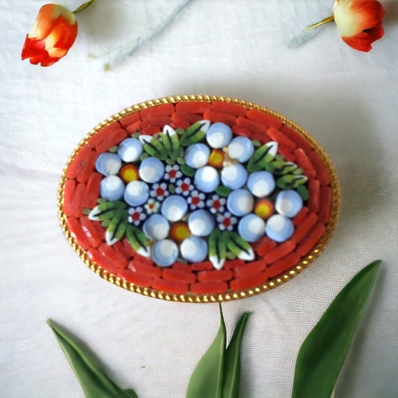 Vintage Italian Micromosaic Orange Floral Oval Br… - image 3