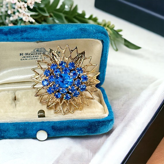 Vintage Sparkling Blue Rhinestones Filigree Flora… - image 7