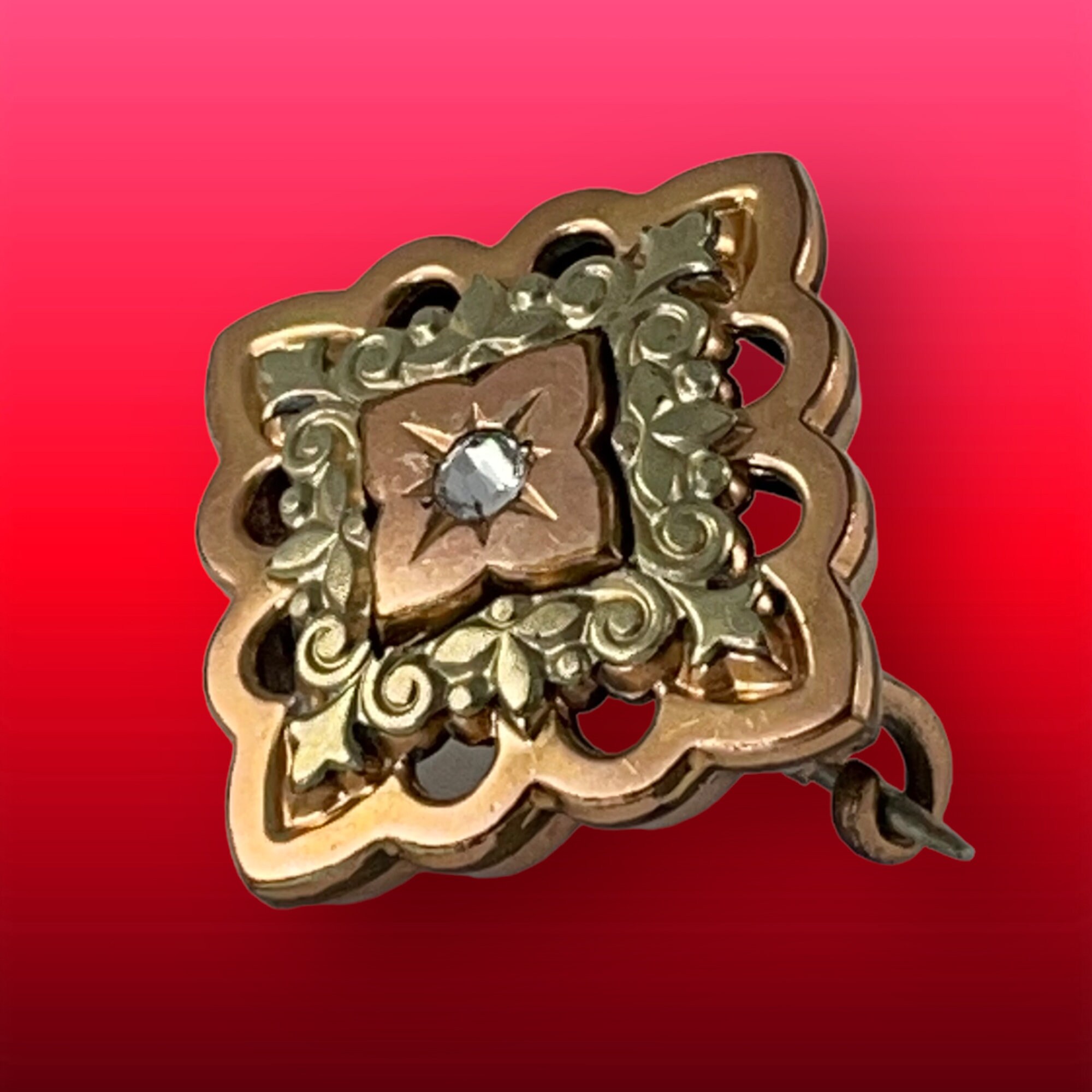 Broche Ancienne Plaqué Or XIXe Siècle - Fleurs Et Strass - Français - Vintage - Occasion