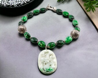 Vintage Moss‑on‑Snow Jade Dragon Pendant Necklace - Maw Sit Sit, Antique Sterling Silver - EM Studio