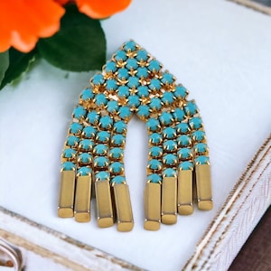 Vintage Turquoise Rhinestones Gold Tone Waterfall Tassel Brooch | 1960s Sparkling Jewelry | Jewelry Lover Gift