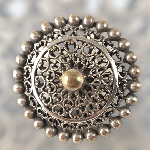 Vintage French Silver Plated Filigree Round Brooch - image 4