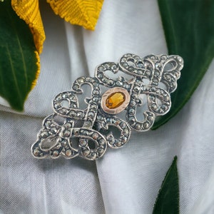 Vintage Portuguese Topaz Rose Gold & Silver Marcasite Brooch