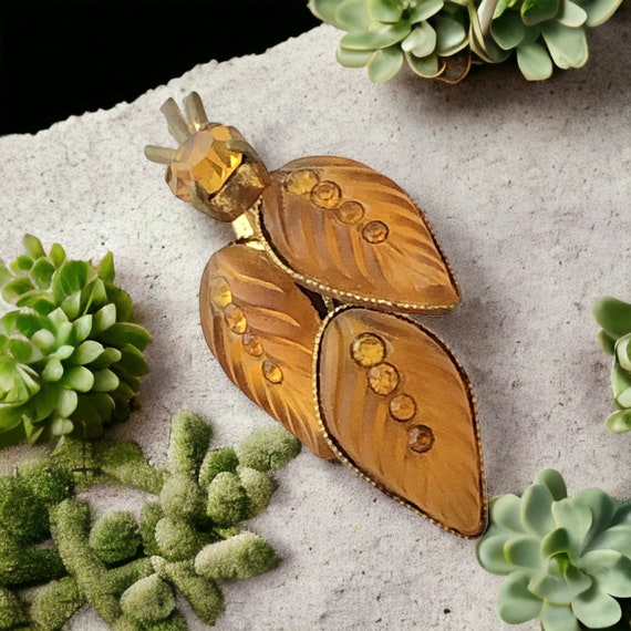 Vintage Frosted Amber Glass Leaves Brooch - 1940s… - image 4