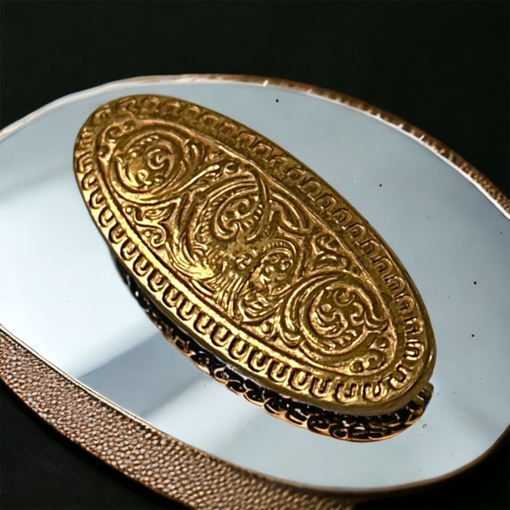 Vintage French Engraved Gold Plated Oval Brooch - image 7