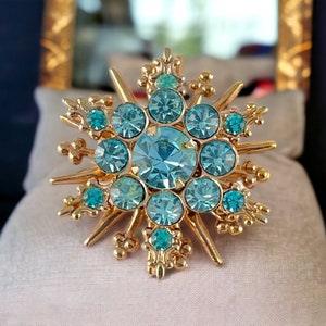 Vintage Sunburst Aqua Blue Rhinestones Gold Tone Brooch | Jewelry Lover Gift