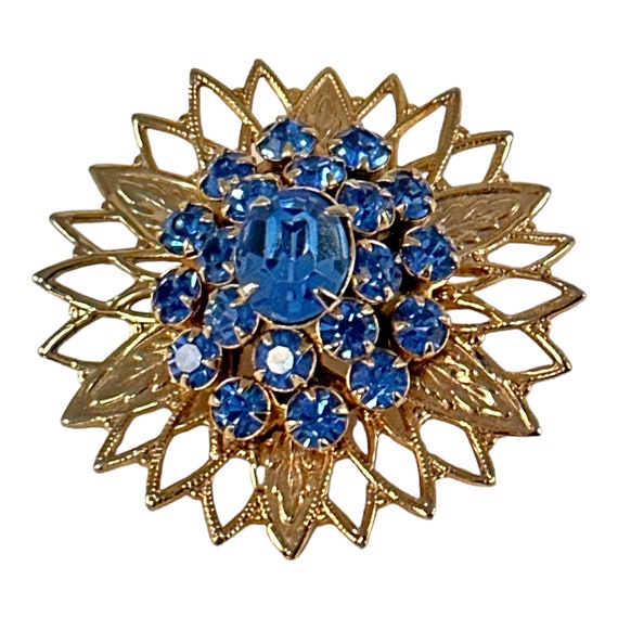 Vintage Sparkling Blue Rhinestones Filigree Flora… - image 9