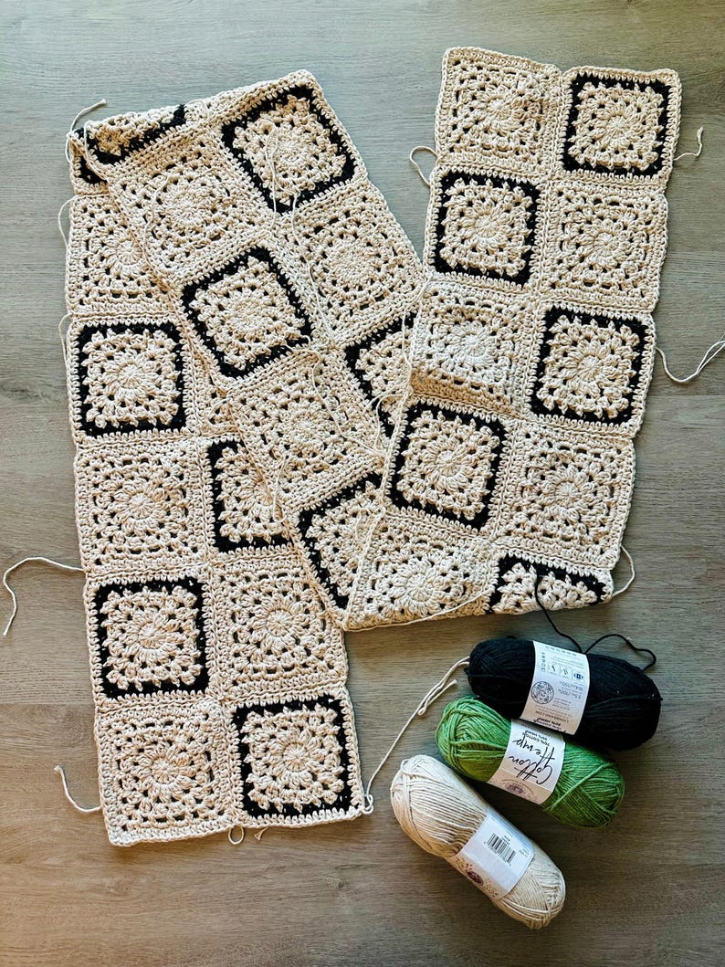 Patroon tafelloper gehaakt | DIGITALE DOWNLOAD pdf | Boho-geïnspireerde vierkanten met textuur, eenvoudig haken, franje, woondecoratie afbeelding 9