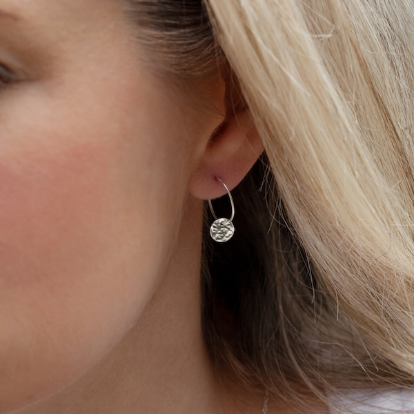 Disc Hoop Earrings, Hammered Silver Circle Charm, Handmade in UK