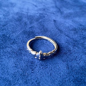 May include: A silver ring featuring a star design. The adjustable ring is displayed on a blue background. The star has a central point and is surrounded by smaller star-shaped elements. This ring is a piece of jewellery.