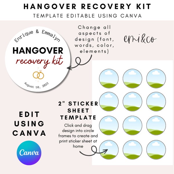 Hangover Recovery Kit, Editable Template, Canva template, Hangover Kit, Wedding Kit, Survival Kit, Wedding Party Gift