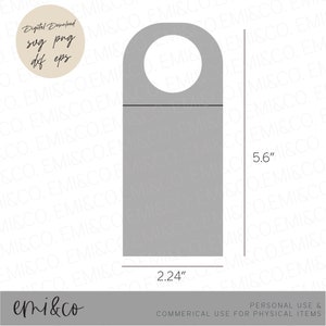 May include: A grey bottle tag template with a cut-out circle for a handle. The tag is 5.6 inches tall and 2.24 inches wide. The template is for personal and commercial use for physical items.