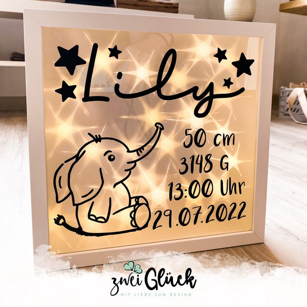 Bild zur Geburt personalisiert | Babyrahmen mit Namen | beleuchteter Bilderrahmen | Geburtsrahmen | Geschenk zur Geburt | Babygeschenk