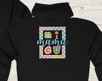 May include: Black zip-up hoodie with the text "NICU MOM" on the front and a colourful graphic with the text "mama ICU" on the back.
