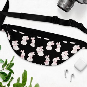 Coquette Pink Ribbon Bow Bunnies Fanny Pack Crossbody Waist Bag Trendy Coquettecore Aesthetic Girly Cottagecore Clothing Accessory