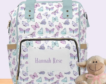 Personalized Name Baby Girl Diaper Backpack Bag Pastel Butterfly Butterflies Gear Tote Vacation Travel Backpack Multi-purpose Hospital Pack