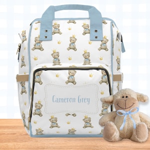 Personalized Name Baby Boy Diaper Backpack Bag Blue Teddy Bear Prince Gear Tote Vacation Travel Backpack Multi-purpose Everyday Hospital Bag