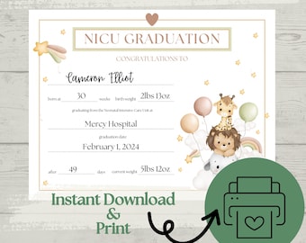 Personalized NICU Graduation Certificate Jungle Sign Neonatal Intensive Care Unit Graduate Printable Download & Print Milestone Keepsake