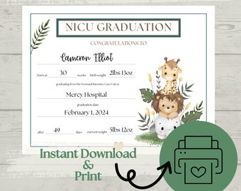 Personalized NICU Neonatal Intensive Care Unit Graduate Graduation Certificate Jungle Sign Printable Download & Print Milestone Keepsake