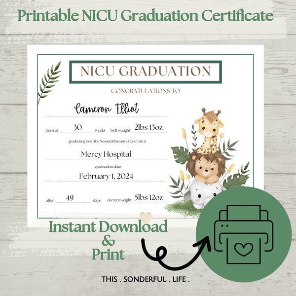 Personalized NICU Graduation Certificate Jungle Sign Neonatal Intensive Care Unit Graduate Printable Download & Print Milestone Keepsake