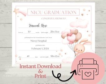 Personalized NICU Graduation Certificate Pink Girl Sign Neonatal Intensive Care Unit Graduate Printable Download & Print Milestone Keepsake