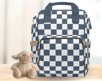 Mochila para pañales de bebé a cuadros, bolso azul marino oscuro con estampado de cuadros, bolso multiusos para recién nacidos, bolso de viaje para vacaciones y uso diario