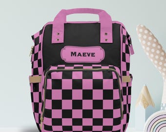 Mochila con nombre de bebé personalizada, bolsa de pañales, diseño de tablero de ajedrez, multiusos, personalizada, para recién nacida, para hospital, regalo de baby shower, vacaciones, bolsa de viaje
