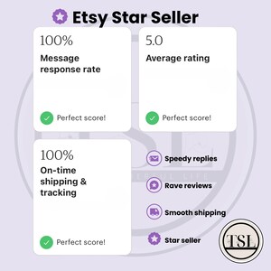 May include: Etsy Star Seller badge with a white star icon. The badge indicates a shop has achieved a perfect score in message response rate, average rating, on-time shipping and tracking. The badge also includes the text "Speedy replies", "Rave reviews", "Smooth shipping", and "Star seller".