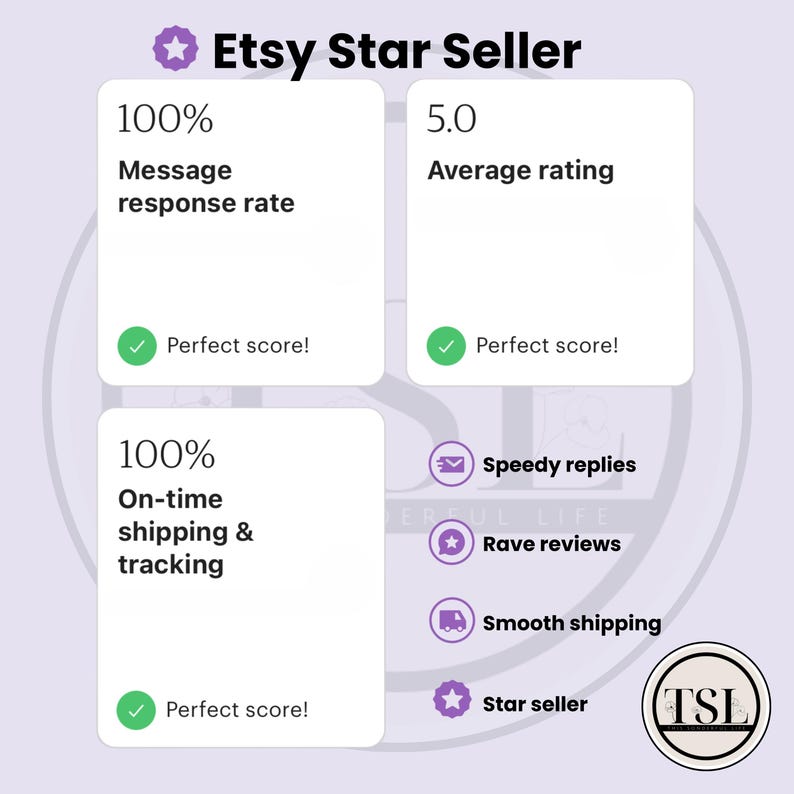 May include: Etsy Star Seller badge with a white star icon. The badge indicates a shop has achieved a perfect score in message response rate, average rating, on-time shipping and tracking. The badge also includes the text "Speedy replies", "Rave reviews", "Smooth shipping", and "Star seller".